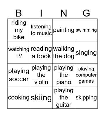 Activities Bingo Card