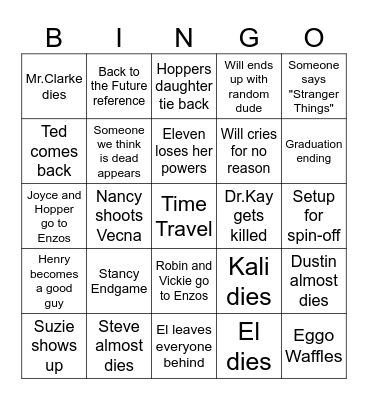 STANGER THINGS FINALE Bingo Card