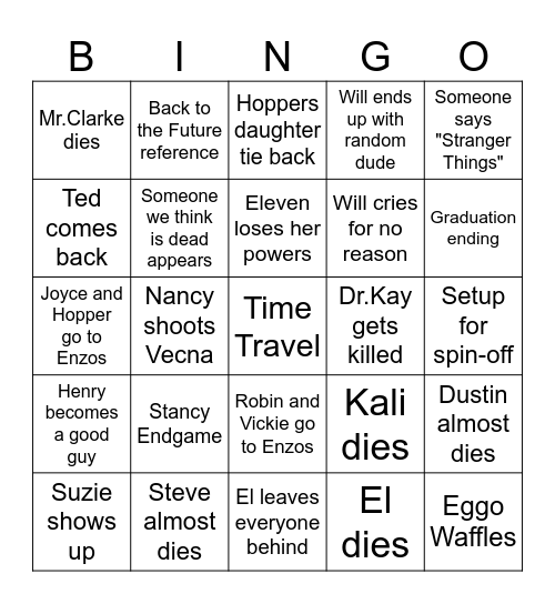 STANGER THINGS FINALE Bingo Card