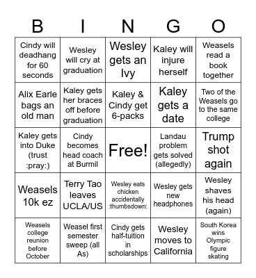 Weasels 2026 Bingo Card