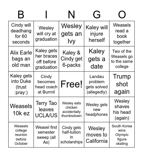 Weasels 2026 Bingo Card