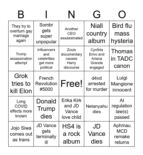 2026 Predictions Bingo Card