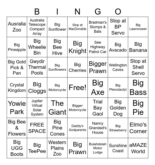 Queensland Trip Bingo Card