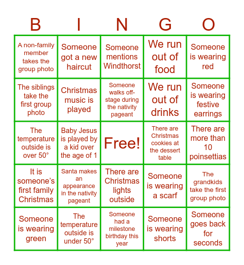 Ostermann Family Christmas Bingo Card