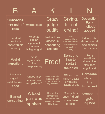 Baking Competition Bingo Card