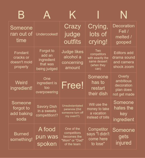 Baking Competition Bingo Card