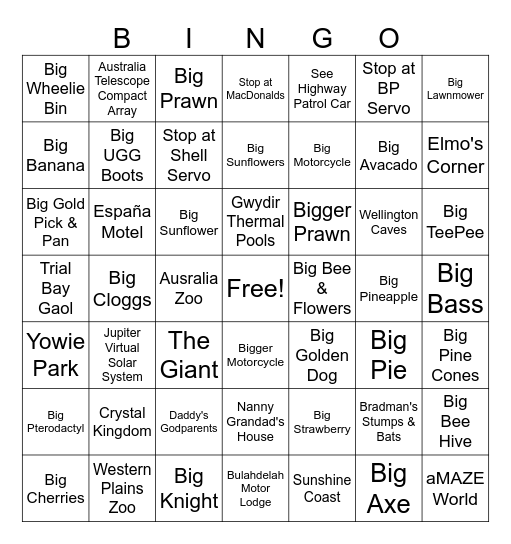 Queensland Trip Bingo Card