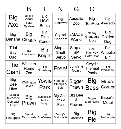 Queensland Trip Bingo Card