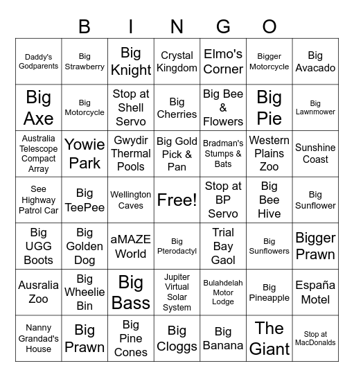 Queensland Trip Bingo Card
