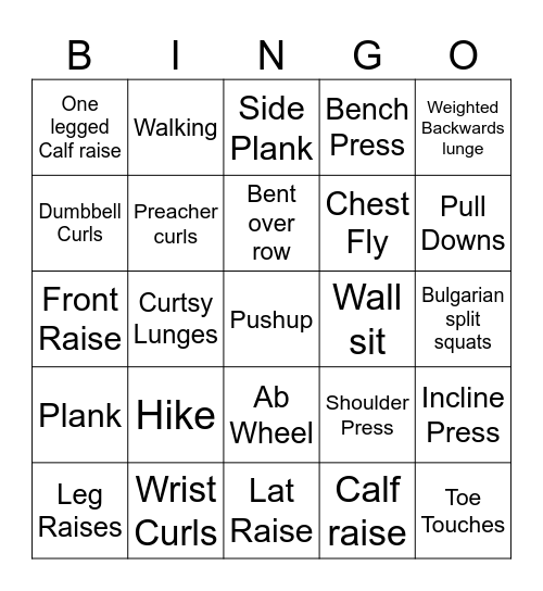 Fitness Bingo Card