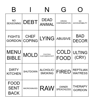 Kitchen nightmare bingo sheet Bingo Card