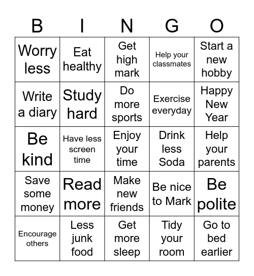 New Year Bingo Card