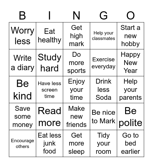 New Year Bingo Card