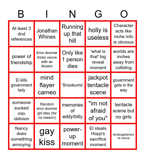 Stranger Things Bingo Card