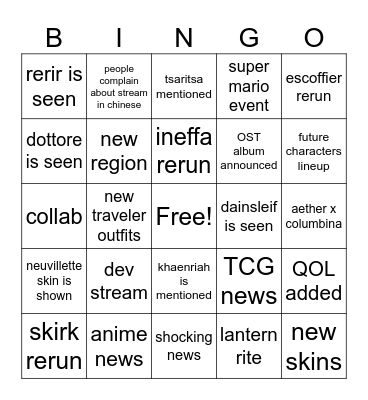 6.3 livestream Bingo Card