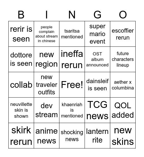 6.3 livestream Bingo Card