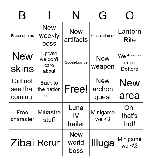 Luna IV Livestream Bingo Card