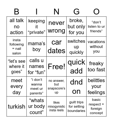 Leave-the-man Bingo Card