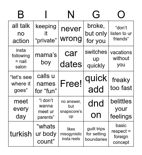 Leave-the-man Bingo Card