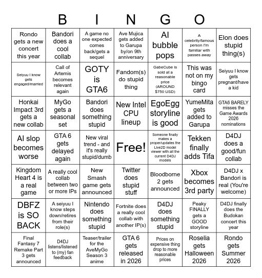 2026 Bingo Card Bingo Card