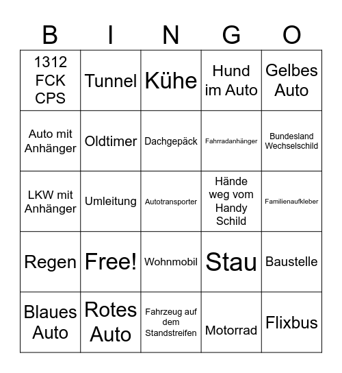 Autobahn Bingo Card