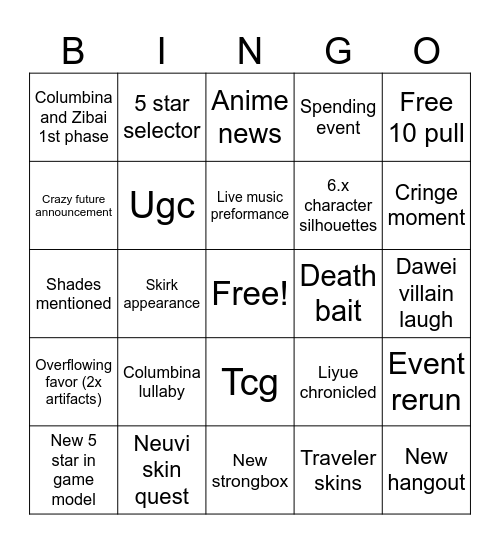 Genshin 6.3 Livestream Bingo Card