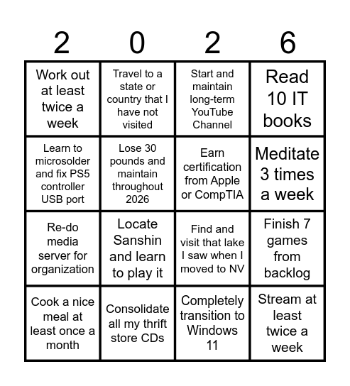 Goals for the Year Bingo Card