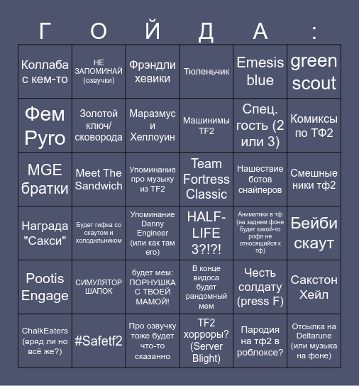Wondernope: ФАНДОМ TF2 Bingo Card