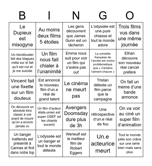 Bingo cinéma 2026 Bingo Card