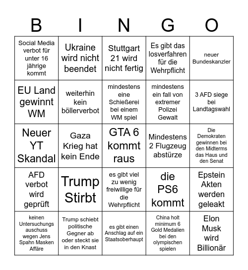 Ereignis Prediction 2026 Bingo Card
