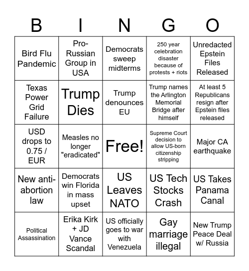 USA Nothing Ever Happens Bingo Card