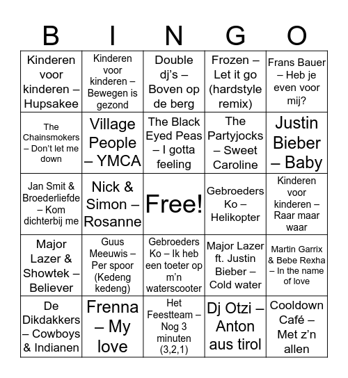 Liedjesbingo Card