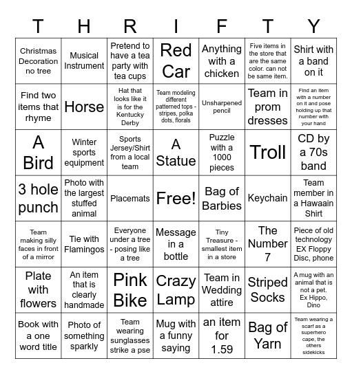 Holiday Thrift Store Scavenger Hunt Bingo Card