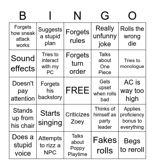 Matthew DND Bingo Card