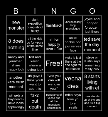 STRANGER THINGS LAST EPISODE BINGO Card