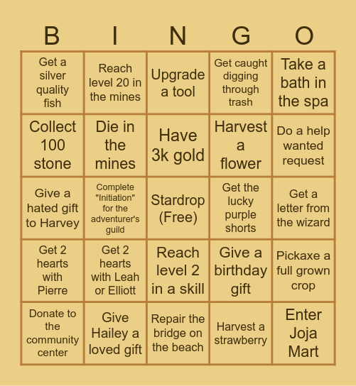 Stardew Valley Bingo V1 Bingo Card