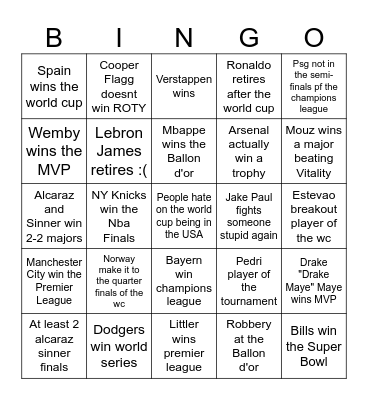 Sports Bingo Card