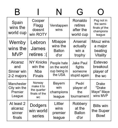 Sports Bingo Card