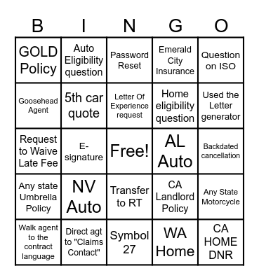 Safeco Bingo Card