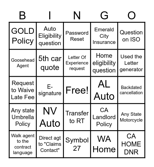 Safeco Bingo Card