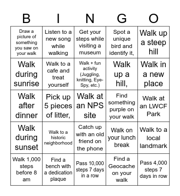 LWCF Walking Challenge Bingo Card