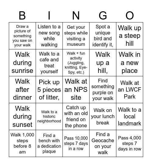 LWCF Walking Challenge Bingo Card