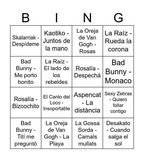 TKZ  Bingo Musical Bingo Card