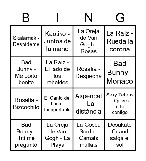 TKZ  Bingo Musical Bingo Card