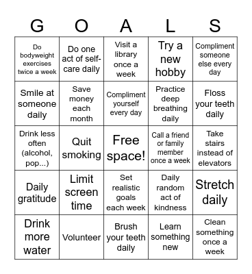 Healthy Goals and Resolutions Bingo Card