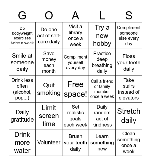 Healthy Goals and Resolutions Bingo Card