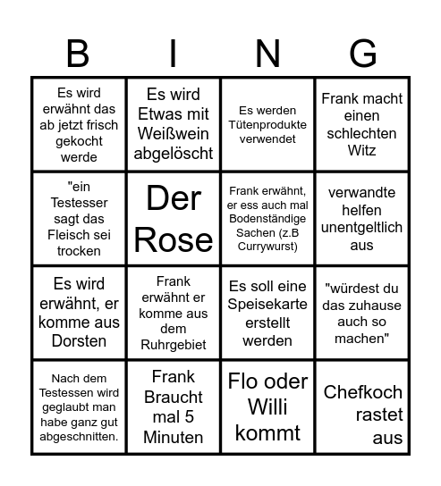 Rosins Restaurant Bingo Card