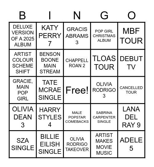 2026 MUSIC BINGO Card