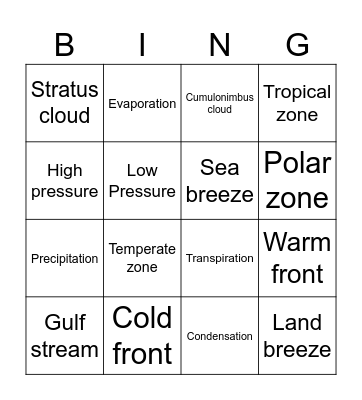 Weather/Water Cycle Bingo Card