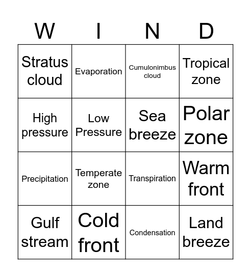 Weather/Water Cycle Bingo Card